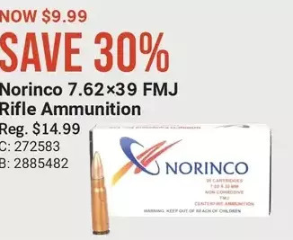 Cabela's Norinco 7.62x39 fmj rifle ammunition offer