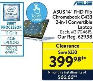 Walmart ASUS 14" FHD Flip Chromebook C433 2-in-1 Convertible Laptop offer