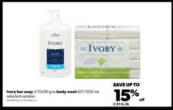 Real Canadian Superstore Ivory bar soap, 3/10x90 g or body wash, 621/1035 ml offer