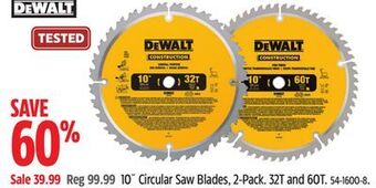 Canadian Tire Dewalt 10" circular saw blades, 2-pack offer