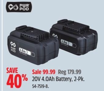 Canadian Tire Pwr pod 20v 4.0ah battery offer