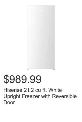 Costco Hisense 21.2 cu ft. white upright freezer with reversible door offer