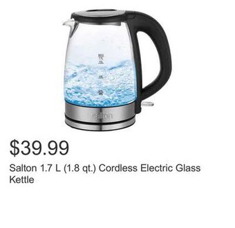 Costco Salton 1.7 l (1.8 qt.) cordless electric glass kettle offer