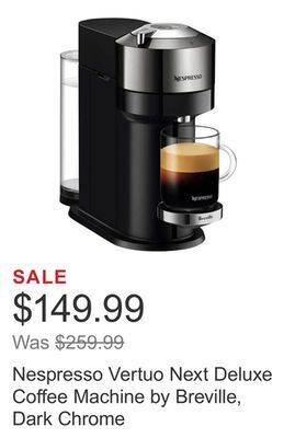 Costco Nespresso vertuo next deluxe coffee machine by breville, dark chrome offer