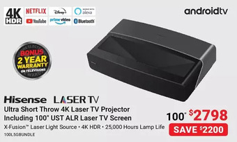 Visions Electronics Hisense ultra short throw 4k laser tv projector including 100" ust alr laser tv screen offer