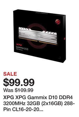 Newegg Xpg gammix d10 ddr4 3200mhz 32gb (2x16gb) 288-pin cl16-20-20 pc4-25600 desktop u-dimm memory retail kit silver offer