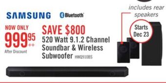 The Brick Samsung 9.1.2 channel soundbar with wireless subwoofer and rear speakers - hw-q910b/zc offer