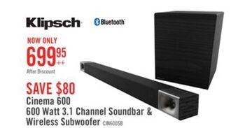 The Brick Klipsch cinema 600 3.1-channel soundbar and wireless subwoofer offer