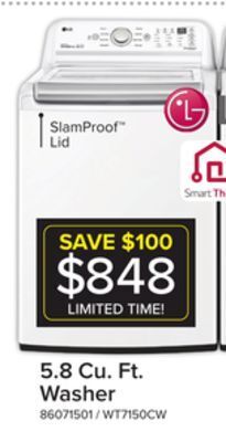 Leon's Lg white top load washer with 6motion technology (5.8 cu. ft.) - wt7150cw offer
