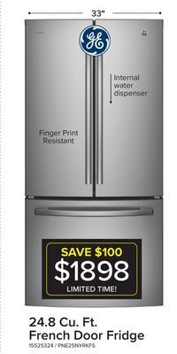 Leon's Ge profile fingerprint resistant stainless 33" french door refrigerator (24.8 cu ft)- pne25nyrkfs offer