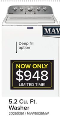 Leon's Maytag white top load washer with deep fill - (5.2 cu. ft.) - mvw5035mw offer