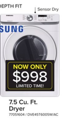 Leon's Samsung white front load electric dryer with shallow depth (7.5 cu.ft) - dve45t6005w/ac offer
