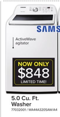 Leon's Samsung white top load washer with activewave agitator (5.0 cu.ft) - wa44a3205aw/a4 offer