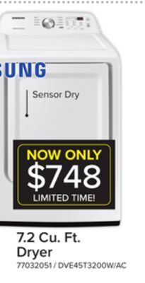 Leon's Samsung white electric dryer with sensor dry (7.2 cu.ft) - dve45t3200w/ac offer