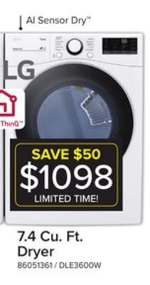 Leon's Lg white smart wi-fi enabled front load electric dryer with built-in ai (7.4 cu. ft.) - dle3600w offer