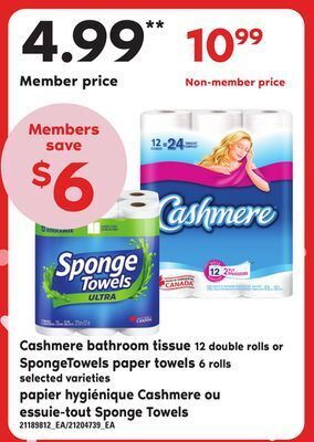 Independent Grocer Cashmere bathroom tissue, 12 double rolls or spongetowels paper towels, 6 rolls offer