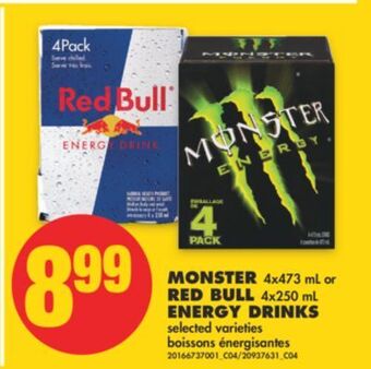 No Frills Monster, 4x473 ml or red bull, 4x250 ml energy drinks offer