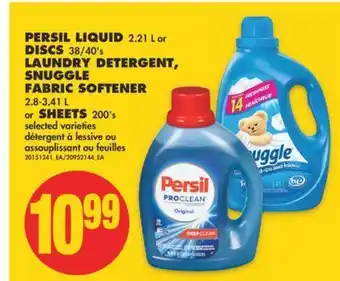 No Frills Persil liquid, 2.21 l or discs, 38/40's laundry detergent, snuggle fabric softener, 2.8-3.41 l or sheets, 200's offer