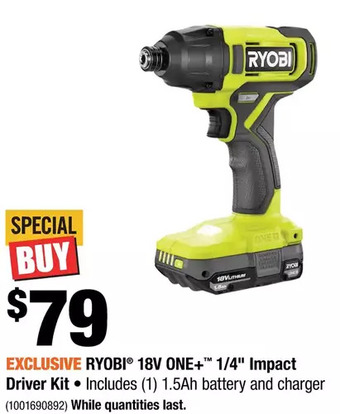 Home Depot Ryobi 18v one+ 1/4" impact driver kit offer