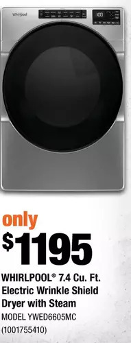 Home Depot Whirlpool 7.4 cu. ft. electric wrinkle shield dryer with steam offer