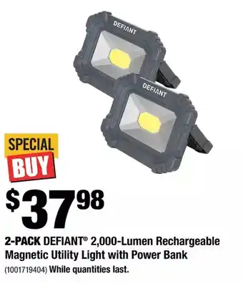 Home Depot 2-pack defiant 2,000-lumen rechargeable magnetic utility light with power bank offer