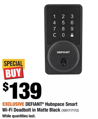 Home Depot Defiant hubspace smart wi-fi deadbolt in matte black offer