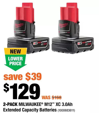 Home Depot 2-pack milwaukee m12 xc 3.0ah extended capacity batteries offer