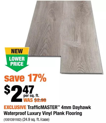Home Depot Trafficmaster 4mm dayhawk waterproof luxury vinyl plank flooring offer