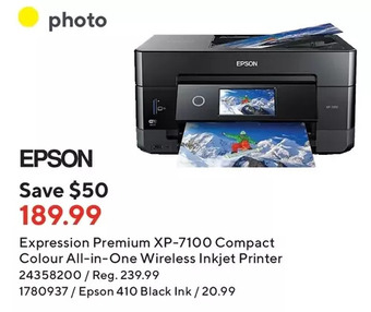 Staples Epson expression premium xp-7100 compact colour all-in-one wireless inkjet printer | epson 410 black ink offer