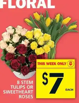 Food Basics 8 stem tulips or sweetheart roses offer