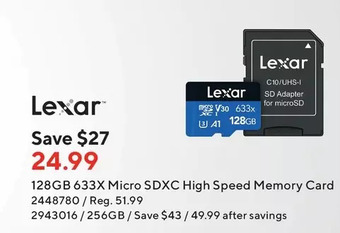 Staples Lexar 128gb 633x micro sdxc high speed memory card | 256gb offer