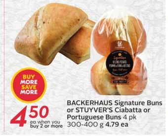 Sobeys Backerhaus signature buns or stuyver's ciabatta or portuguese buns offer