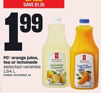 Loblaws Pc® orange juice, tea or lemonade, 1.54 l offer