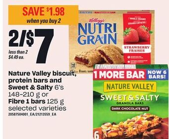 Loblaws Nature valley biscuit, protein bars and sweet & salty, 6's, 148-210 g or fibre 1 bars, 125 g offer
