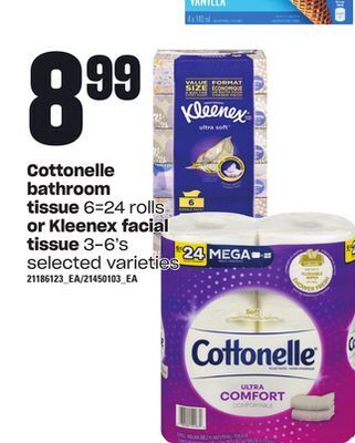 Loblaws Cottonelle bathroom, tissue 6=24 rolls or kleenex facial tissue, 3-6's offer