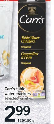 Fortinos Carr's table water crackers, 125/150 g offer