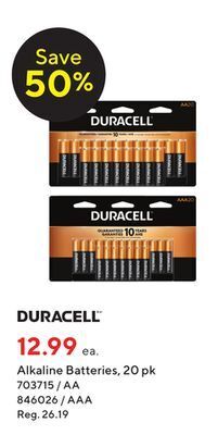 Staples Duracell alkaline batteries 20 pk offer
