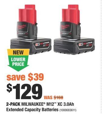 Home Depot 2-pack milwaukee® m12™ xc 3.0ah extended capacity batteries offer