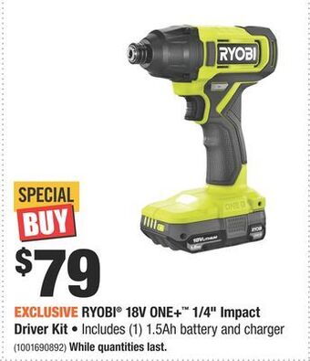 Home Depot Ryobi® 18v one+™ 1/4" impact driver kit offer