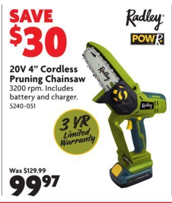 Home Hardware 20v 4" cordless pruning chainsaw offer