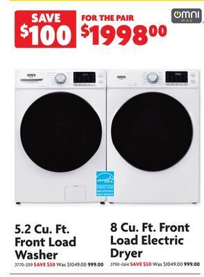 Home Hardware 5.2 cu. ft. front load washer and 8 cu. ft. front load electric dryer offer