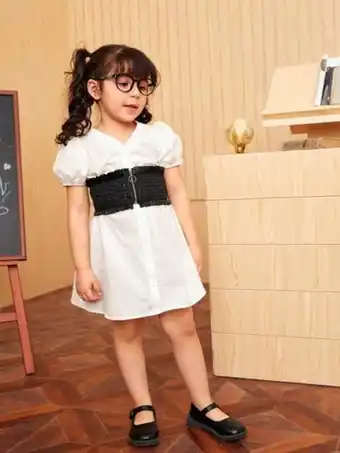 SheIn Shein toddler girls 1pc puff sleeve dress & 1pc shirred zip up corset offer