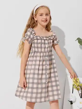 SheIn Shein girls ruffle detail button front tartan dress offer