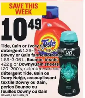 Independent Grocer Tide, gain or ivory snow detergent, downy or gain fabric softener, bounce, beads or downy/gain sheets offer