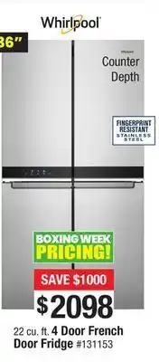 Bad Boy Superstore Whirlpool 36" 22 cu. ft. 4 door french door fridge offer