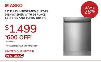 Goemans Appliances Asko 24" fully integrated built-in dishwasher with 16 place settings and turbo drying offer