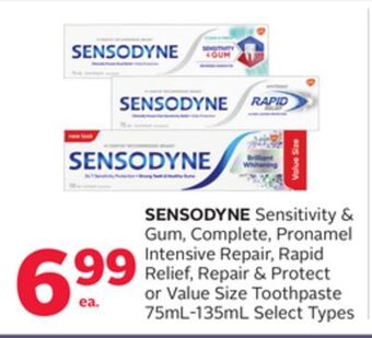 Rexall Sensodyne sensitivity & gum, complete, pronamel intensive repair, rapid relief, repair & protect or value size toothpaste 75m offer