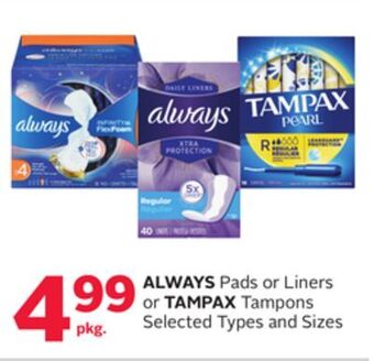 Rexall Always pads or liners or tampax tampons offer