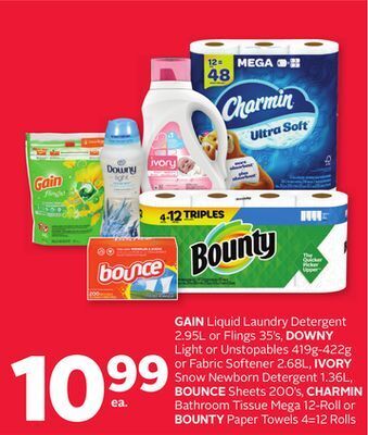 Rexall Gain liquid laundry detergent 2.95l or flings 35' s, downy light or unstopables 419g-422g or fabric softener 2.68l, ivory sno offer