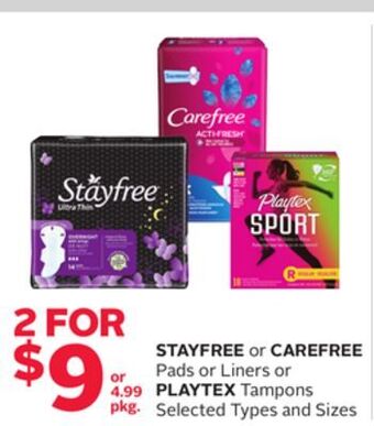 Rexall Stayfree or carefree pads or liners or playtex tampons offer